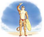  anthro barazoku beach bulge clothing cloudscape eyewear felid feline gaouu hi_res male mammal muscular muscular_anthro pantherine pongotora pool_(disambiguation) seaside shirtless sky solo sunglasses swimming swimwear tiger 