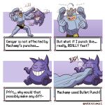  1:1 ambiguous_gender belt comic digital_media_(artwork) english_text gengar grey_body grey_skin hi_res humanoid_pointy_ears humor katalystcomics machamp multi_arm multi_limb muscular nintendo pok&eacute;mon pok&eacute;mon_(species) punch purple_body purple_skin red_eyes smile teeth text video_games 