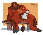  2021 6pklion absurd_res anthro balls belly brown_body brown_fur clothing erection fur genitals hi_res humanoid_hands jockstrap male mammal masturbation moobs nipples overweight overweight_male simple_background sitting solo suid suina sus_(pig) underwear wild_boar 