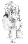  2013 anthro bethany_oakwood breasts canid canine chakona_space dipstick_tail female fox fur greyscale hair heather_bruton lying mammal monochrome multicolored_tail navel nipples nude on_back solo 