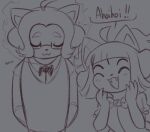  anthro blush canid canine clothed clothing cocothemunchkin eyebrows fangs felid feline grillby hair low_res mammal muffet open_mouth simple_background tem temmie_(undertale) text topwear undertale video_games white_body 