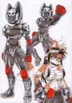  akira_kazama anthro armor black_hair bound_breasts canid canine clothed clothing daigaijin dipstick_tail female fox furryfight_chronicles gloves hair handwear headgear helmet hi_res kalita_(furryfight_chronicles) mammal multicolored_tail navel rival_schools simple_background solo white_background 