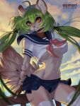  2021 anthro aomori bottomwear breasts clothing domestic_cat felid feline felis female green_hair hair inner_ear_fluff legwear looking_at_viewer mammal midriff navel orange_eyes school_uniform skirt solo stockings tuft under_boob uniform 