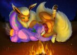  anthro balls big_balls branding campfire dessert doughnut duo eeveelution feral fire flareon food forced forced_oral genitals goodra green_eyes hi_res knot lips_(soursylveon) male male/male nintendo oceanic_scribbles oral pok&eacute;mon pok&eacute;mon_(species) sex star steam video_games vovo 