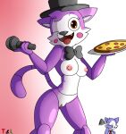  animatronic anthro black_nose blue_body blue_fur bow_tie breasts brown_eyes candy_(fnac) cindy_(fnac) clothing domestic_cat duo facepalm felid feline felis female five_nights_at_candy&#039;s food fur genitals gradient_background hat headgear headwear hi_res lechugansfw looking_at_viewer machine male mammal microphone multicolored_body multicolored_fur necktie nipples nude open_mouth pizza purple_body purple_fur pussy robot simple_background tongue 