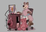  &lt;3 2021 4_toes ambiguous_gender anthro baby_bottle bear_in_the_big_blue_house beverage biped black_nose bottlebear bottlebear_(character) brown_body brown_fur brown_pawpads claws clean_diaper clothed clothing computer computer_monitor computer_mouse diaper diaper_only digital_drawing_(artwork) digital_media_(artwork) feet fur grey_background headphones hi_res hindpaw infantilism male mammal milk nintendo pacifier pawpads paws plushie pok&eacute;ball pok&eacute;mon simple_background smile solo teddy_bear teeth toe_claws toes topless ursid video_games 