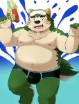  2021 absurd_res anthro belly blush bulge canid canine canis clothing domestic_dog eyebrows eyewear fur goggles green_body green_fur hi_res lifewonders live-a-hero male mammal mokdai navel nipples overweight smile solo swimming_cap swimwear thick_eyebrows video_games water_gun zuboboz 