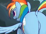  4:3 ass_up blue_body blue_fur butt butt_focus cloud colored cutie_mark digital_media_(artwork) digital_painting_(artwork) dock equid equine featureless_crotch female feral flying friendship_is_magic fur hair hasbro hi_res horse landscape mammal mentalkitty mountain multicolored_hair my_little_pony on_model pegasus pony purple_eyes rainbow_dash_(mlp) rainbow_hair redraw smoke solo unfinished wings 