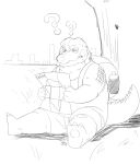  2017 ? anthro backpack belly big_belly biped bodily_fluids clothing crocodile crocodilian crocodylid hi_res humanoid_hands kemono monochrome outside overalls plant reptile scalie sitting sketch solo sweat tree urakumaworld 