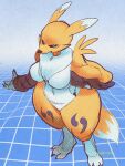  3:4 abstract_background anthro bandai_namco black_sclera blue_eyes breasts digimon digimon_(species) female fur hand_on_hip hi_res looking_at_viewer renamon solo thick_thighs white_body white_fur wolftang yellow_body yellow_fur 
