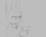  agidyne anthro blush clothing grey_background hi_res hoodie lagomorph looking_offscreen male mammal phone simple_background solo taking_picture topwear 