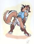  2002 anthro anus backsack balls black_ears blue_clothing blue_topwear blue_vest bottomless brown_body brown_fur butt canid canine clothed clothing dipstick_tail flaccid fluffy fluffy_tail fox fur genitals hair hand_on_arm hand_on_leg hybrid leaning leaning_forward looking_at_viewer looking_back looking_back_at_viewer male mammal mephitid multicolored_tail pelt_(artist) penis pink_penis presenting presenting_anus presenting_hindquarters raised_tail rear_view signature simple_background skunk smile solo spread_legs spreading topwear topwear_only vest vest_only whiskers 
