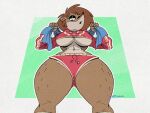  4:3 anthro barbera_(regular_show) bottomwear breasts brown_body brown_fur brown_hair cartoon_network clothing english_text female fur hair half-closed_eyes hi_res hotpants looking_at_viewer low-angle_view mammal mature_female narrowed_eyes procyonid raccoon regular_show shorts solo text towel towel_around_neck tracksuit under_boob wolftang 