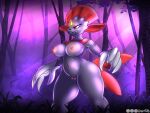  4:3 absurd_res anthro bioluminescence breasts claws curvy_figure female forest genitals glowing hi_res hourglass_figure mammal nintendo nipples nude plant pok&eacute;mon pok&eacute;mon_(species) pubes pussy red_eyes slightly_chubby smile solo thick_thighs tree video_games weavile wide_hips wingedwilly 