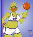  2021 4_fingers alternate_form anthro anthrofied armor avian ball basketball_(ball) basketball_uniform beak belly big_breasts bird bottomwear breasts chica_(fnaf) chicken clothed clothing cosplay costume curvy_figure digital_media_(artwork) feathered_wings feathers female fingers five_nights_at_freddy&#039;s front_view fully_clothed galliform gallus_(genus) headgear helmet looking_at_viewer non-mammal_breasts orange_beak phasianid signature smile solo space_jam sportswear thevgbear thick_thighs topwear uniform video_games voluptuous warner_brothers wide_hips wings yellow_body yellow_feathers 