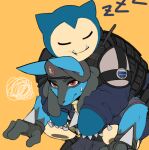  ambiguous_gender annoyed anthro armor black_body black_fur blue_body blue_fur bodily_fluids body_armor canid canine carrying caveira clothed clothing doc_(rainbow_six) duo face_squish felid feline female fully_clothed fur gign headgear headwear janjin192 lucario mammal nintendo orange_background piggyback pok&eacute;mon pok&eacute;mon_(species) red_eyes simple_background sleeping snorlax sound_effects spikes spikes_(anatomy) squish sweat sweatdrop tan_body tan_fur video_games zzz 