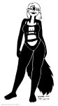  2021 anthro breasts clothed clothing ear_piercing female fur greyscale hair kelly_o&#039;dor mammal mephitid monochrome navel open_mouth piercing skunk solo swimwear tegerio whiskers 