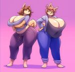  2021 anthro big_breasts bigdad bottomwear breasts brown_hair canid canine canis cleavage clothed clothing daughter denim denim_clothing domestic_dog duo female fully_clothed hair hi_res huge_breasts jeans judy_(jinu) june_(jinu) looking_at_another mammal mature_female mother mother_and_child mother_and_daughter pants parent parent_and_child pink_background shiba_inu shirt short_hair simple_background spitz thick_thighs topwear 