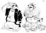  2011 anthro asian_clothing balls big_balls canid canine clothing east_asian_clothing eyes_closed eyewear fundoshi genitals glasses humanoid_hands japanese_clothing kemono male mammal monochrome motogen overweight overweight_male raccoon_dog robe simple_background sitting solo tanuki underwear white_background 