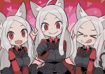 &gt;_&lt; &lt;3 animal_humanoid canid canid_humanoid cerberus_(helltaker) clothed clothing cute_fangs eyes_closed female group hair helltaker humanoid licking licking_lips mammal mammal_humanoid open_mouth red_eyes sakutake simple_background smile spade_tail tongue tongue_out treat white_hair 