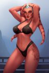  2021 2:3 alien alien_humanoid black_bra black_clothing black_panties black_underwear bra breasts clothing eyebrows eyelashes female hands_behind_head hi_res humanoid lekku_(anatomy) looking_at_viewer navel not_furry orange_eyes outside panties red_body red_skin solo star_wars tattoo twi&#039;lek ullr_(artist) underwear 