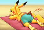  beach bottomwear clothing hi_res lying male nintendo pikachu pok&eacute;mon pok&eacute;mon_(species) sagadreams seaside shorts solo swimming swimming_trunks swimwear video_games 