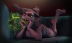  3d_(artwork) anthro bad_breath breath digital_media_(artwork) exposed_teeth furniture hi_res horn kobold leg_(yipkin) licking looking_at_viewer male open_mouth prehensile_tail reptile scalie simple_background sofa solo tail_claw tongue tongue_out yipkin 