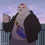  1:1 2021 anthro black_nose bottomwear clothing detailed_background fur hi_res hoodie humanoid_hands kemono male mammal outside overweight overweight_male pants phone polar_bear shirt solo topwear ursid ursine white_body white_fur whitebeast20 