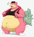  ? anthro bearafterall belly clothing eyewear eyewear_on_head hi_res male navel nintendo overweight pink_body pok&eacute;mon pok&eacute;mon_(species) pokemon_unite shirt slowbro solo sunglasses sunglasses_on_head tank_top topwear towel video_games 