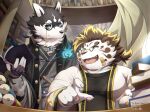  2021 anthro band-aid bandage black_body black_fur book canid canine canis clothed clothing detailed_background domestic_dog duo eyewear felid fur glasses humanoid_hands inside kemono library licho_(tas) male mammal masanori overweight overweight_male pantherine ponzu_tas tiger tokyo_afterschool_summoners video_games white_body white_fur 