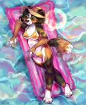  5_fingers anthro athletic bernese_mountain_dog bikini bikini_bottom bikini_top biped black_body black_ears black_fur black_hair black_nose black_tail blue_eyes bottomwear breasts brown_body brown_fur brown_tail canid canine canis claws clothed clothing colored crossed_legs detailed_background digital_media_(artwork) domestic_dog eyebrows eyewear feet female fingerless_(marking) fingers floatie floating floppy_ears front_view fur hair hat headgear headwear hi_res hindpaw lens_flare looking_at_viewer lying mammal medium_breasts molosser mountain_dog multicolored_body multicolored_fur multicolored_tail outside paws pool_float shaded skimpy snout solo sunglasses swimwear swiss_mountain_dog timauwu topwear water wave white_body white_eyebrows white_fur white_tail winter_nights yellow_bikini yellow_clothing yellow_swimwear yellow_topwear 