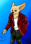  absurd_res anthro ardi127 black_nose blue_background bottomwear brown_eyes canid canine clothing disney fennec finnick fox green_clothing hi_res jacket leather leather_clothing leather_jacket leather_topwear male mammal shirt simple_background smoking solo topwear white_clothing white_shirt white_topwear zootopia 