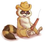  2014 anthro balls blush bodily_fluids brown_body brown_fur cum emenius erection fur genital_fluids genitals hi_res male mammal masturbation penis procyonid raccoon ranger_rick ranger_rick_(character) simple_background sitting solo white_background 