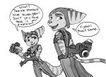  anthro black-kitten black_and_white blush clothed clothing dialogue duo ear_piercing ear_ring embarrassed english_text eyewear female gas_mask goggles hi_res lombax looking_away male mammal mask monochrome piercing ratchet ratchet_and_clank rivet_(ratchet_and_clank) robot_arm skinny_tail sony_corporation sony_interactive_entertainment stripes text thick_tail video_games 