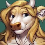  1:1 ambiguous_gender anthro blonde_hair bovid bovine brown_body brown_fur brown_nose cattle eracin female_(lore) fur green_background hair headshot_portrait hi_res horn jewelry jinash_(character) long_hair looking_sideways mammal necklace portrait simple_background smile solo 