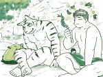  2019 4:3 abs anthro backpack balls blush duo eating eyes_closed felid fish fur genitals hi_res hiroyuki_(morenatsu) human jeck male mammal marine morenatsu muscular muscular_male nude pantherine peeking primate river sitting striped_body striped_fur stripes tiger torahiko_(morenatsu) towel video_games visual_novel 