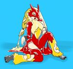  anthro blaziken blonde_hair clothing desert_lion_tallio eyes_closed female goo_transformation hair hi_res human mammal nintendo nude pok&eacute;mon pok&eacute;mon_(species) rubber rubber_suit simple_background solo transformation video_games 