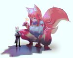  anthro biped chromatic_aberration claws clothing crouching duo eye_contact female hair hi_res inner_ear_fluff looking_at_another pawpads paws red_hair simple_background size_difference tuft utterangle white_background white_hair 