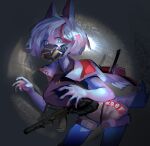  anthro biped blue_eyes caught claws eyebrows female fur gas_mask hair hi_res highlights_(coloring) mask red_highlights russian_text sneaking solo spotlight text utterangle weapon white_body white_fur white_hair 