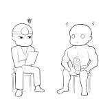  2boys bald band-width bandages clipboard collarbone doctor empty_eyes head_mirror highres multiple_boys original pectorals sitting smile squiggle star_(symbol) stool 