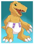  agumon ambiguous_gender anthro bandai_namco bedroom_eyes carnival-tricks claws diaper digimon digimon_(species) hand_behind_back hi_res looking_at_viewer narrowed_eyes open_mouth seductive solo standing teeth tongue 