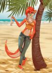  anthro atehrea beach bottomwear breasts clothed clothing denim denim_clothing detailed_background digital_media_(artwork) feet female flirting fur hair hi_res hindpaw jeans looking_at_viewer lutrine mammal mustelid orange_body orange_fur outside panties pants paws sand seaside shaded shirt sky smile solo standing topwear underwear 