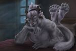  2021 3:2 4_ears 4_horns anthro bed bedroom_eyes blue_eyes charr claws dewclaw digital_media_(artwork) digitigrade fangs felid female finger_claws flat_chested fur furniture grey_body grey_fur grey_hair guild_wars hair hi_res horn inside looking_at_viewer lying mammal multi_ear multi_horn narrowed_eyes on_bed on_front pawpads seductive sidmonthebear smile solo video_games window 