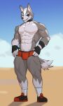  2021 3:5 abs anthro armband big_muscles briefs bulge canid canine canis claws clothing cloud collar day eye_patch eyebrows eyewear fingerless_gloves footwear fur gloves handwear hi_res jrjresq looking_at_viewer male mammal muscular muscular_anthro muscular_male muscular_thighs navel nintendo obliques outside pecs quads sand shoes sky smile socks solo standing star_fox thick_thighs tuft underwear video_games wolf wolf_o&#039;donnell 