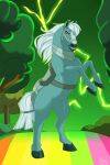  armor centaurworld equid equine female feral green_sky hi_res horse horse_(centaurworld) lightning looking_at_viewer mammal mane plant rainbow_road saddle shrub skyfox911 solo tree white_mane white_tail 