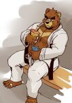  2021 absurd_res anthro belly bottomwear brown_body clothing hi_res humanoid_hands juuichi_mikazuki kemono kounfuyu male mammal morenatsu nipples pants sitting slightly_chubby solo ursid video_games visual_novel 