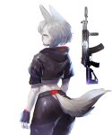  ak-12 anthro biped blue_eyes blush butt clothed clothing female fingerless_gloves fur gloves gun hair handwear hi_res looking_back ranged_weapon rear_view simple_background solo utterangle weapon white_background white_body white_fur white_hair 