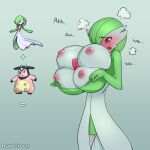  &lt;3 1:1 4_breasts areola big_breasts blush bovid bovine breasts fak&eacute;mon female gardevoir green_background green_hair hair huge_breasts humanoid mammal miltank multi_breast nintendo nipples open_mouth pok&eacute;mon pok&eacute;mon_(species) rawgreen simple_background video_games 