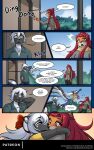  abluedeer anthro chandra_(abluedeer) clothed clothing comic dialogue english_text female female/female fur group hair herpestid hi_res kissing long_hair male mammal mephitid mongoose moon_lace open_mouth orange_body orange_fur outside red_hair skunk tackle text url white_hair 