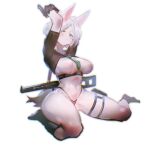  anthro big_breasts biped blush breasts clothing female footwear fur green_eyes gun hair hi_res holding_object holding_weapon necktie nipple_outline panties raised_arm ranged_weapon simple_background socks solo underwear utterangle weapon white_background white_body white_fur white_hair 
